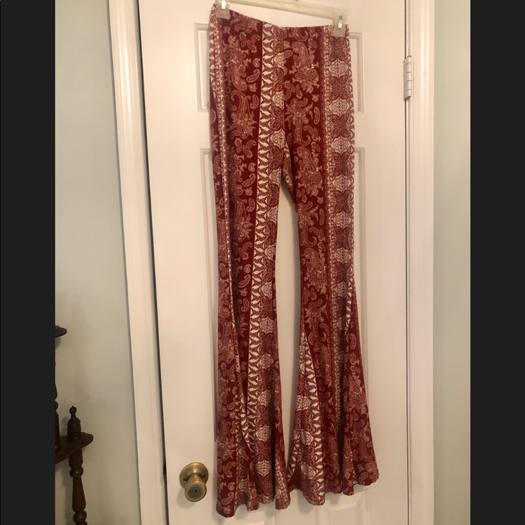 Rust Colored, Patterned Flowy, Flared Pants
